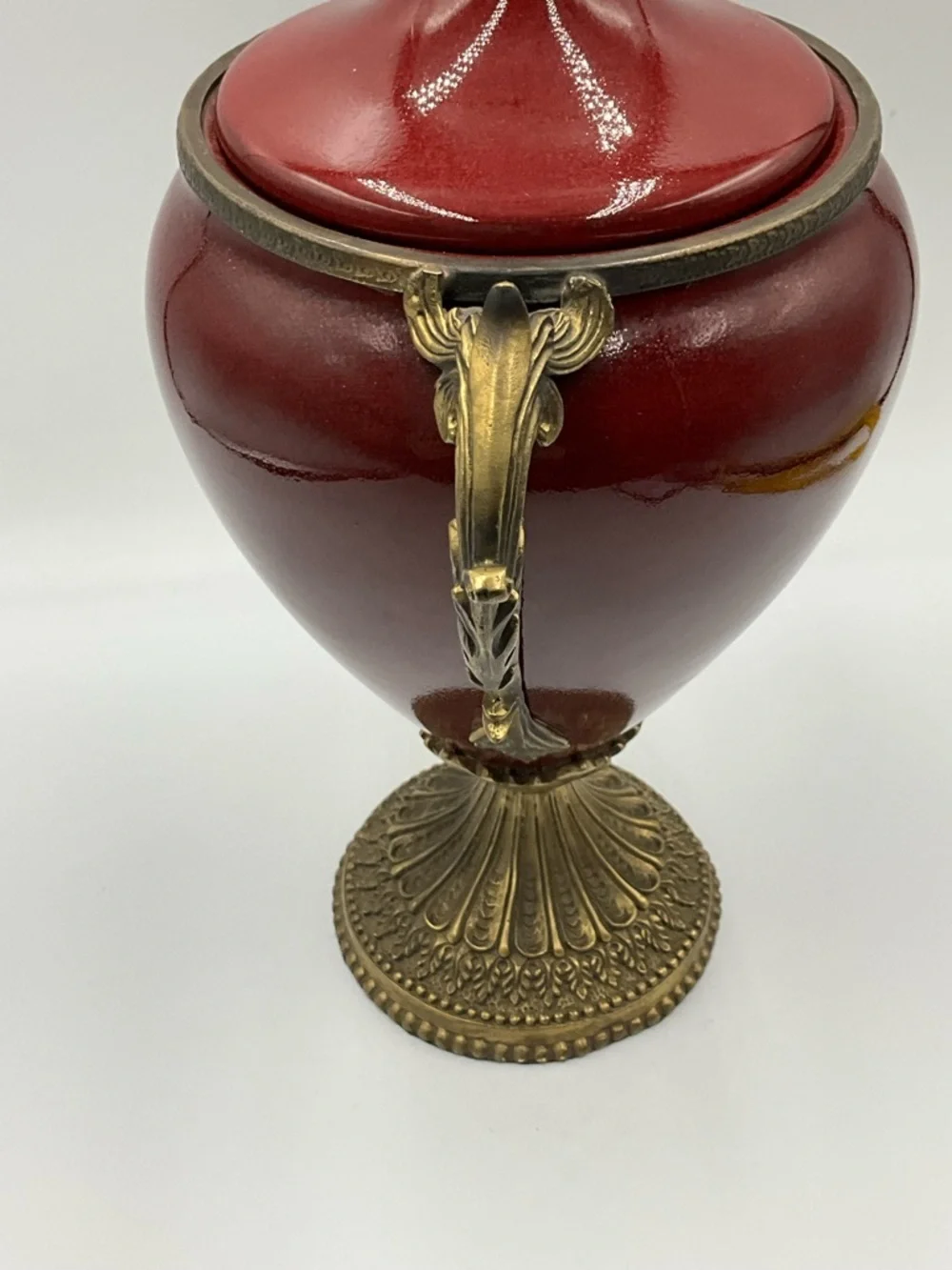 Urn Vintage Ornate Red Ceramic Urn with Brass Accents Rare